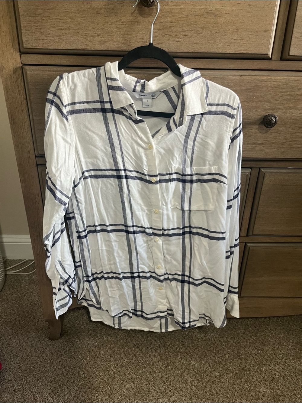 Women’s White Button-Up Shirt with gray Windowpane Plaid